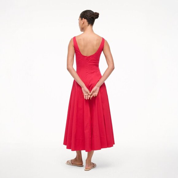 Staud Wells Corset Paneled Cotton Dress in Cherry Red - Picture 5 of 8
